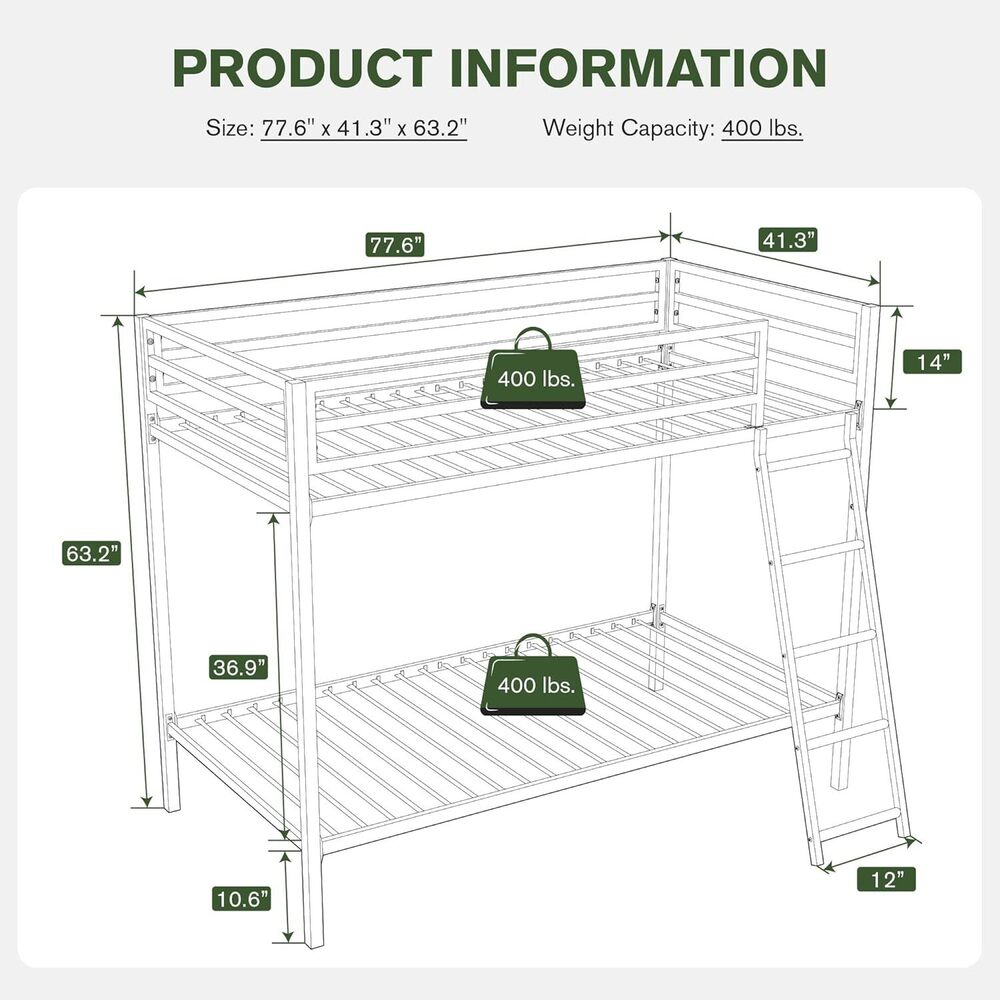 Bunk Bed Twin Over Twin Size With Ladder, Metal Bed Frame With Sturdy Guardrail, Space-saving Design