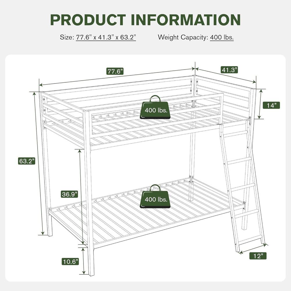 Bunk Bed Twin Over Twin Size With Ladder, Metal Bed Frame With Sturdy Guardrail, Space-Saving Design