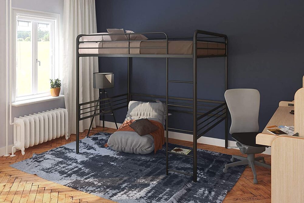 Metal Loft Bed with Ladder, Space-Saving Design, Black