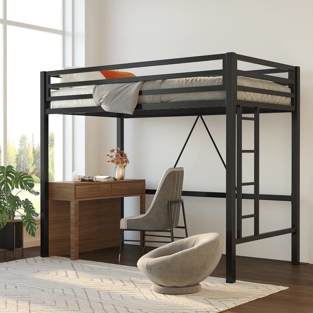 Metal Loft Bed Twin Size, Multifunctional Twin Bed with Safety Guard & Removable Ladder, Black