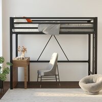 Metal Loft Bed Twin Size, Multifunctional Twin Bed with Safety Guard & Removable Ladder, Black