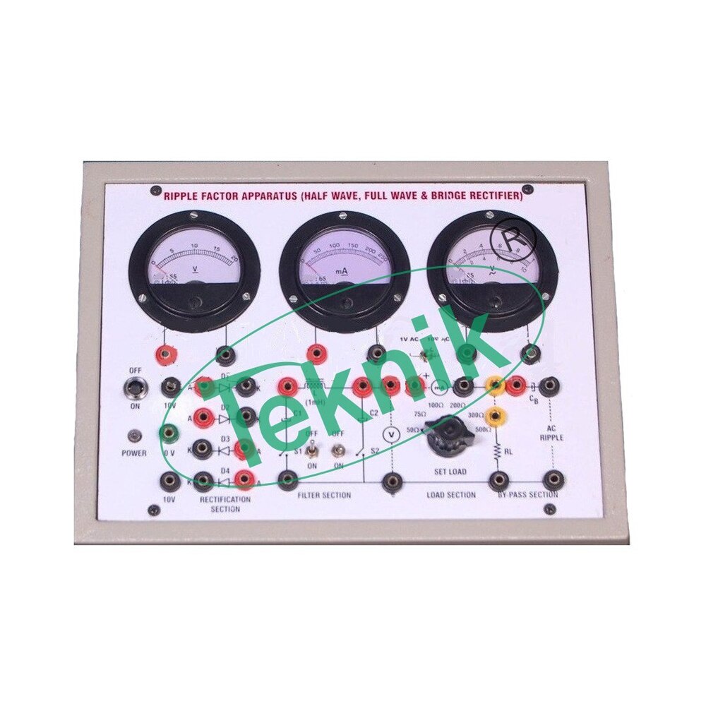 Ripple Factor Apparatus - Bakelite Panel, Round Meters With Ac Power Supply | Half Wave, Full Wave, And Bridge Rectifier, Dual Range Electronic Voltmeter, Selectable Load Resistances, 4 Pn Junction Diodes, Filter Circuit Kit