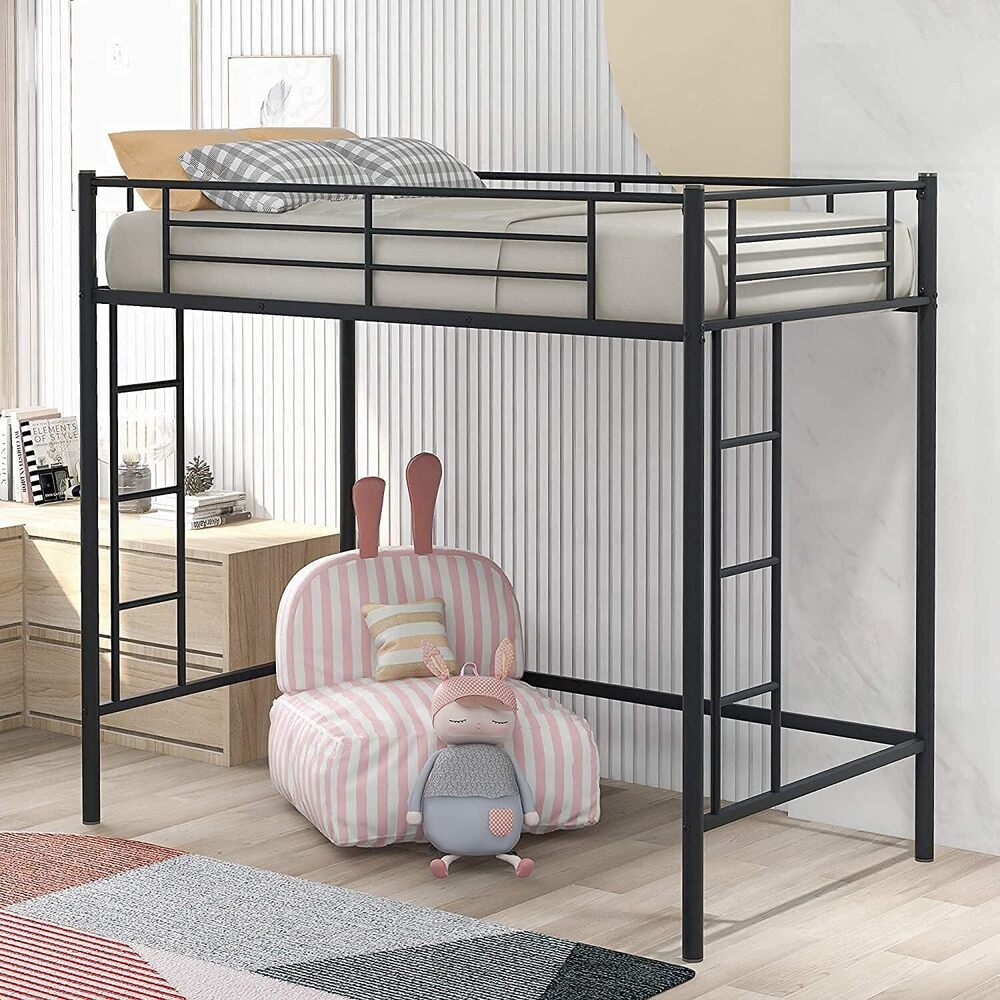 Twin Heavy Duty Metal Loft Bed with Desk, Shelf Kids, Teens and Adults, Black with Two-Side Ladders