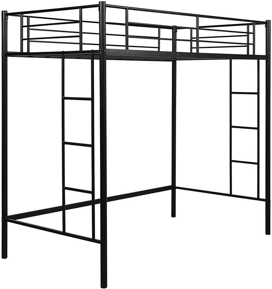 Twin Heavy Duty Metal Loft Bed with Desk, Shelf Kids, Teens and Adults, Black with Two-Side Ladders