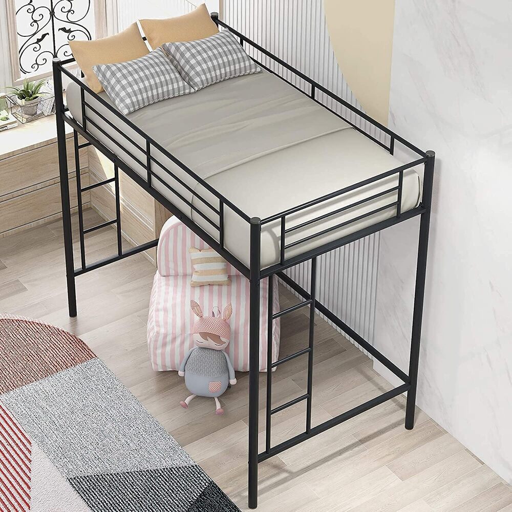 Twin Heavy Duty Metal Loft Bed with Desk, Shelf Kids, Teens and Adults, Black with Two-Side Ladders