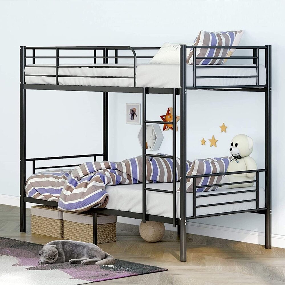 Metal Bunk Bed with Side Ladders, Heavy Duty Bed Frame with High Guardrails - Colour in Glossy Black