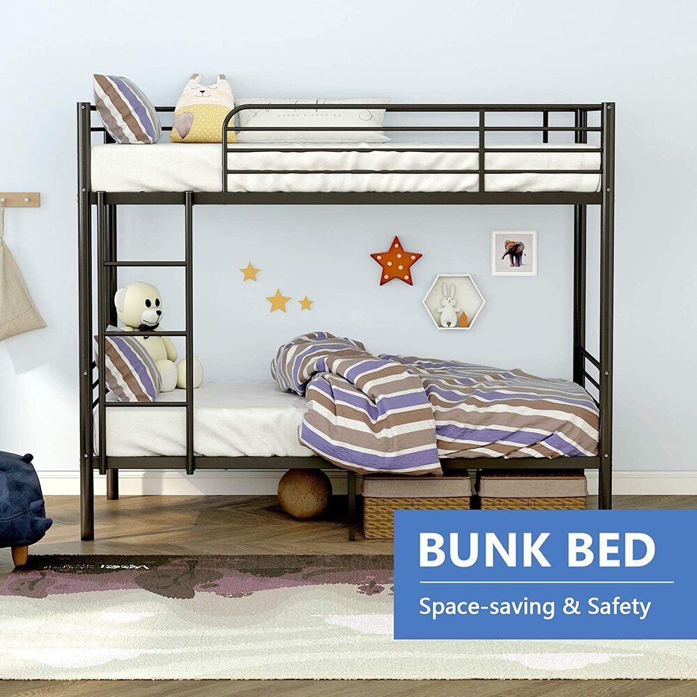 Metal Bunk Bed with Side Ladders, Heavy Duty Bed Frame with High Guardrails - Colour in Glossy Black