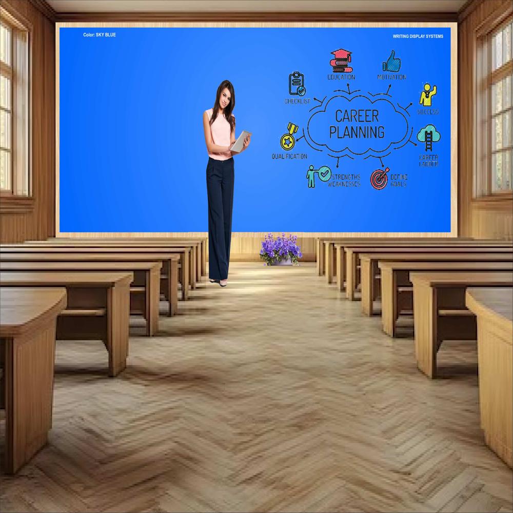 Office MAGNETIC GLASS WRITING BOARD SKY BLUE WITH WOODEN FRAME