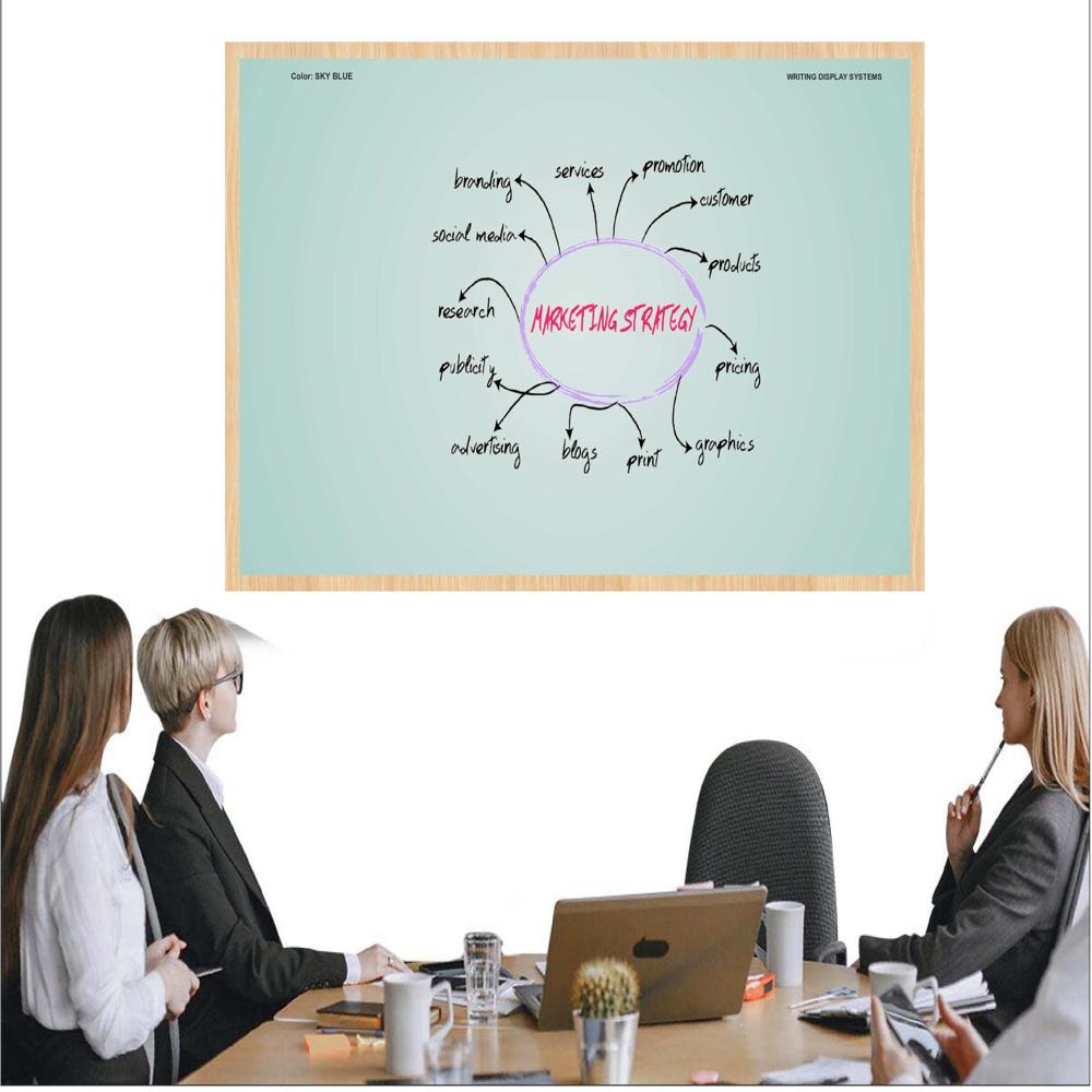 Office MAGNETIC GLASS WRITING BOARD SKY BLUE WITH WOODEN FRAME