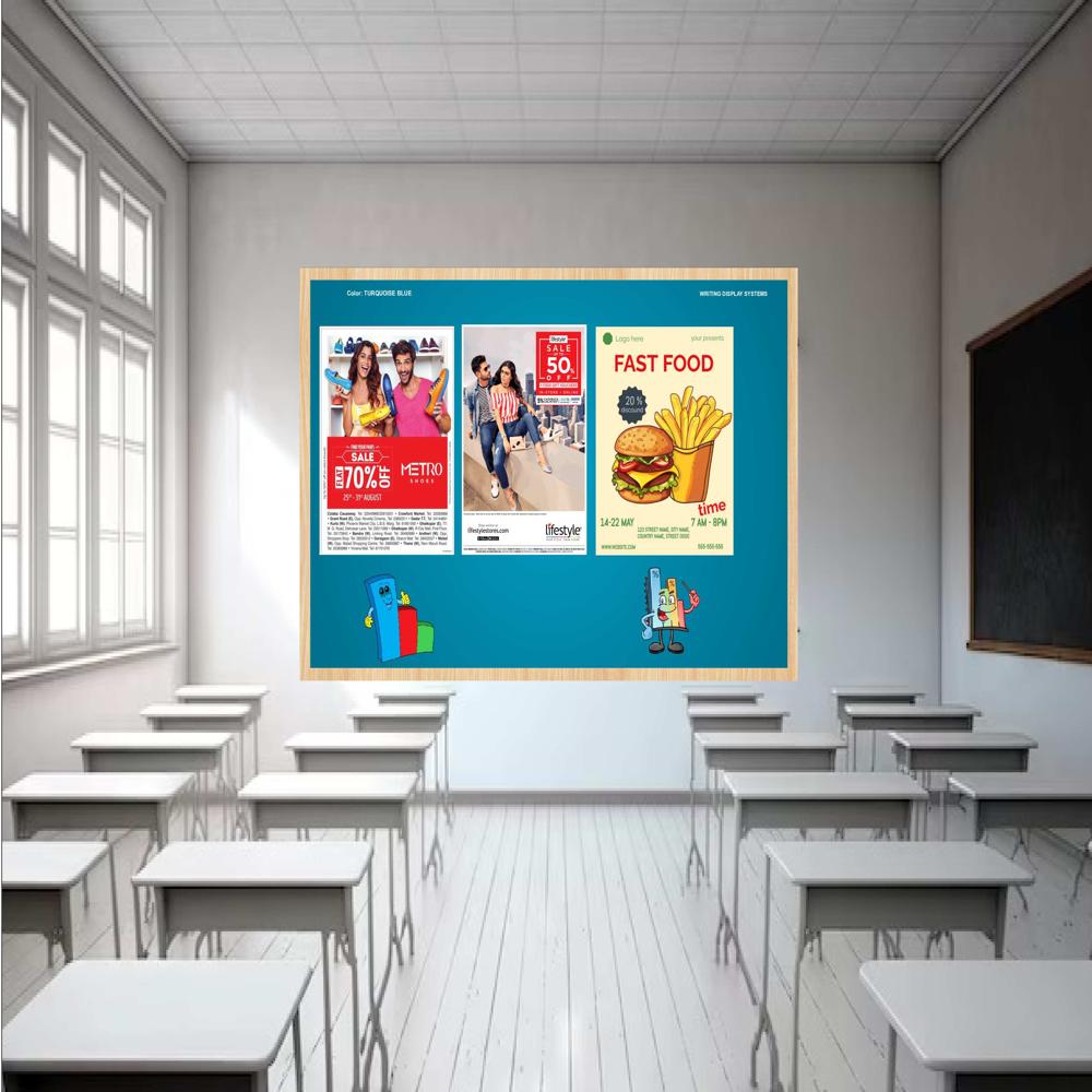 MAGNETIC GLASS WRITING BOARD TURQUOISE BLUE WITH WOODEN FRAME