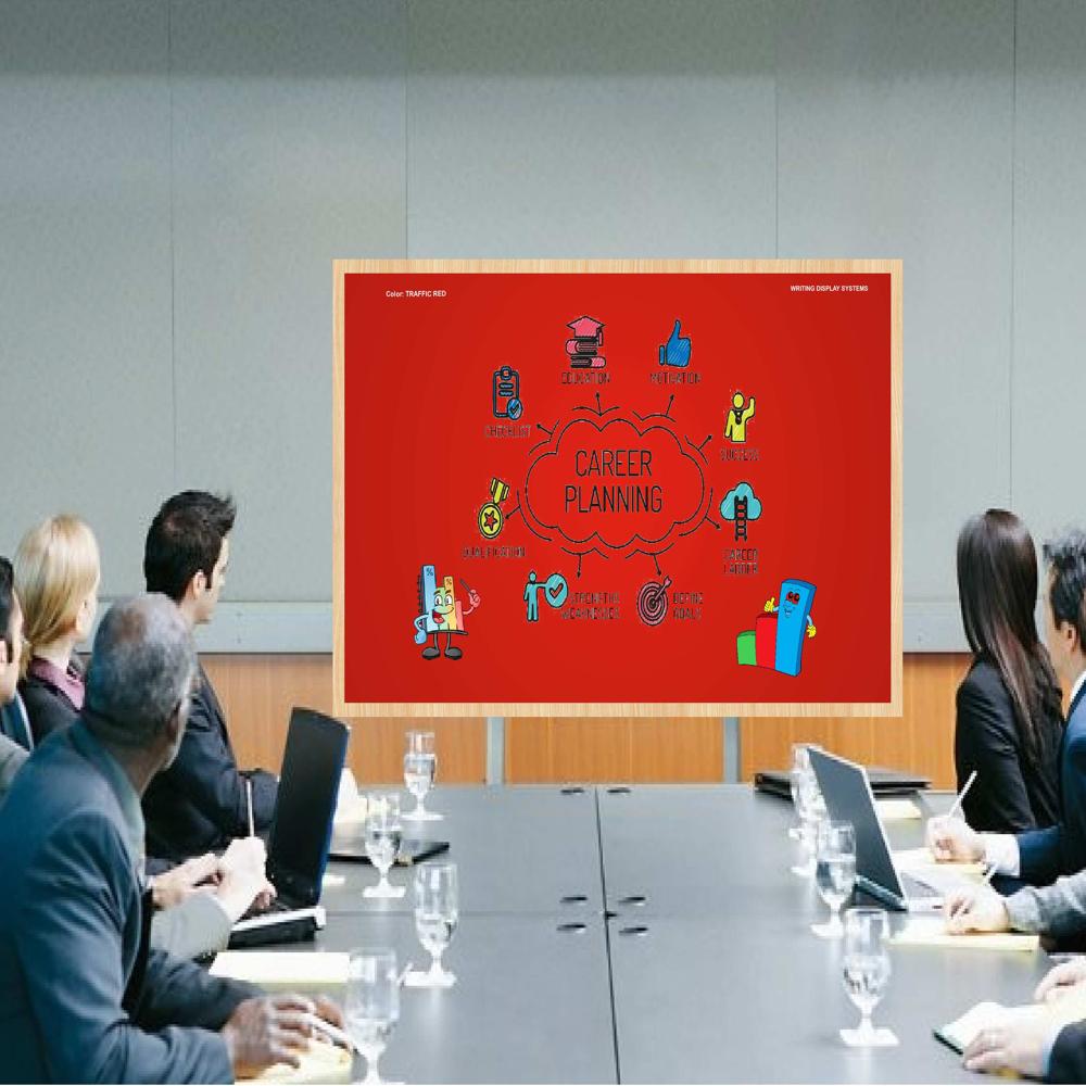 MAGNETIC GLASS WRITING BOARD TRAFFIC RED WITH WOODEN FRAME
