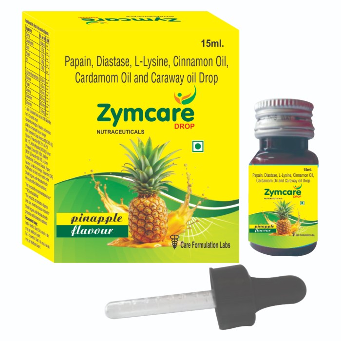 Energy 8.88kcal + Carbohydrate  0.22g + Sugar 0.15g. + Protein 0.00g. + Fat 0.00g. + L-lysine Hydrochloride 3.33mg + Diastase 1.33mg + Papain 0.67mg + Caraway 26.67mcg. + Cardamom 26.67 Mcg. + Cinnamon 1.33mcg Drop - Physical Form: Liquid
