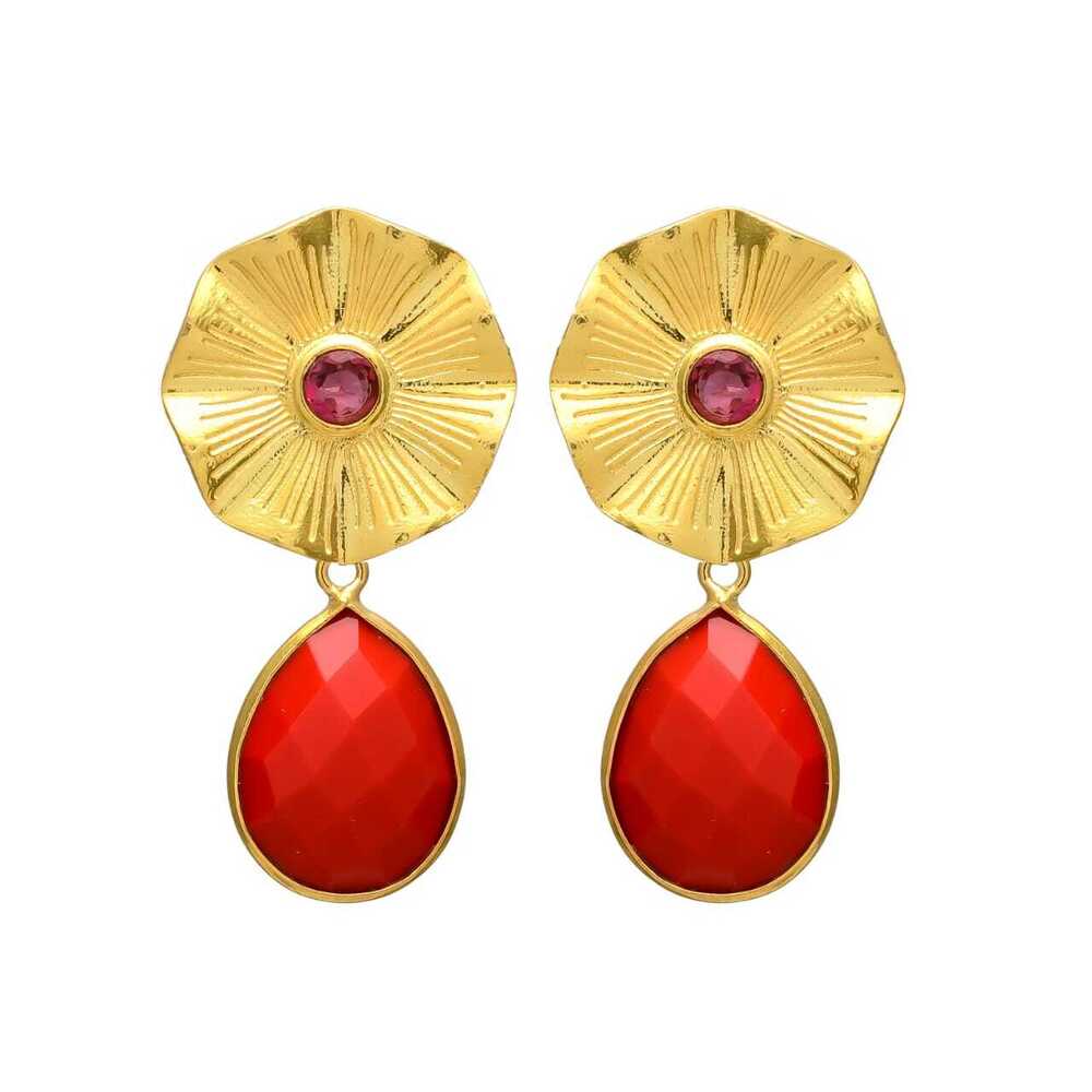 New Arrival Flower Top Red Onyx Gemstone Earring Set with Ruby