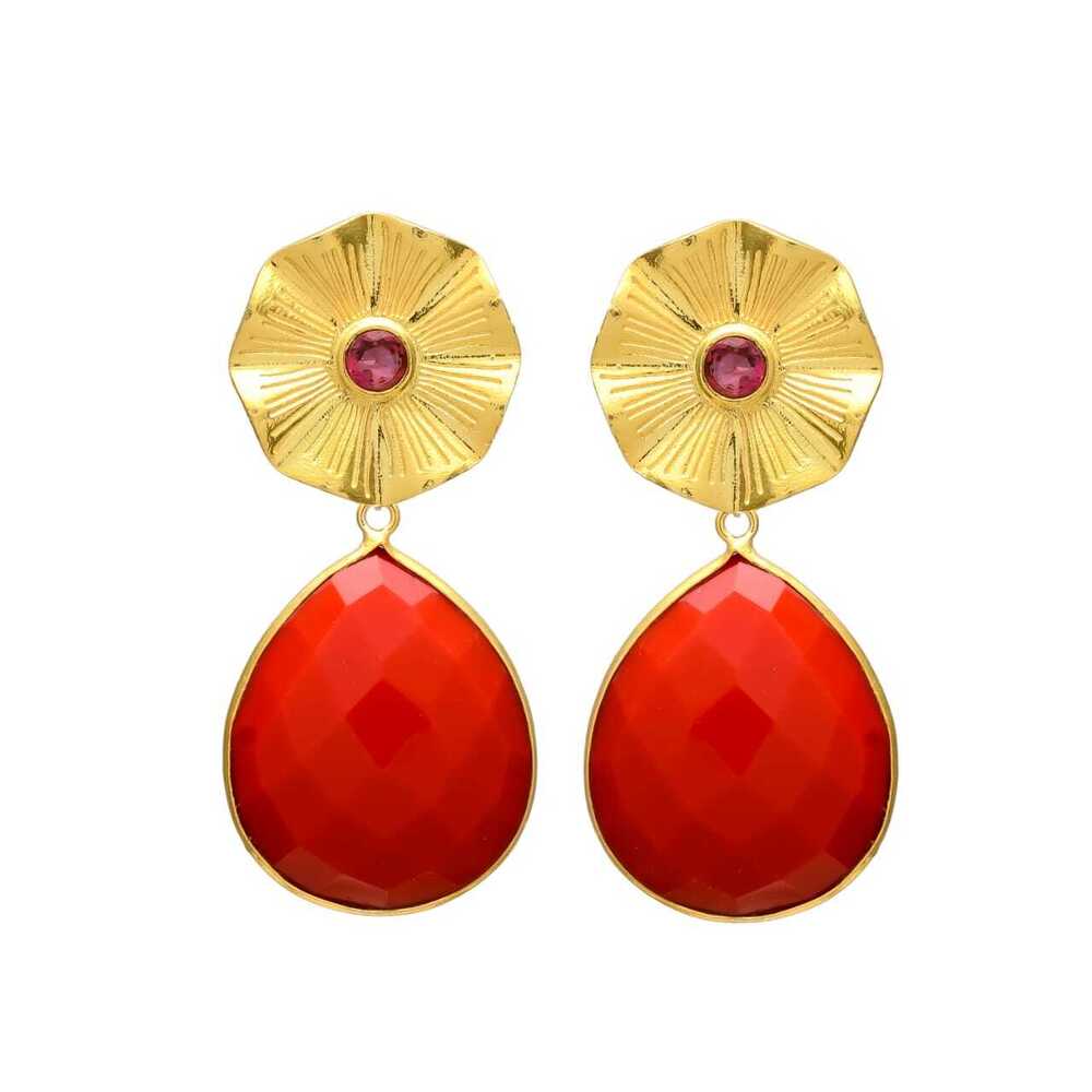 New Arrival Flower Top Red Onyx Gemstone Earring Set with Ruby Gemstone