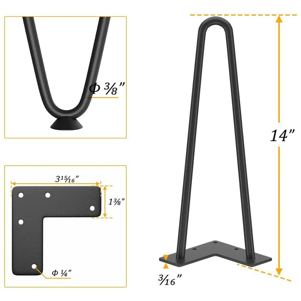 Iron 14" Heavy Duty Hairpin Coffee Table Legs (Black) 3/8" Thick Set Of 4
