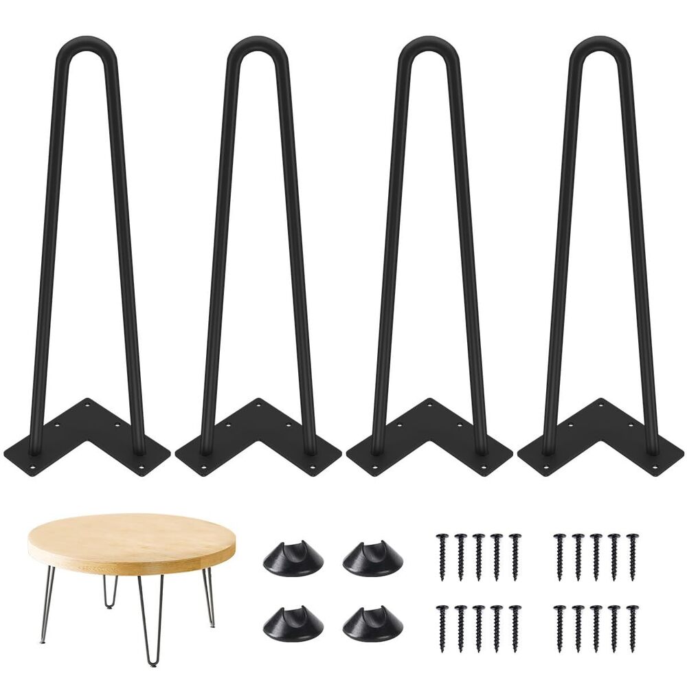 16 inch, 3/8" Solid Metal Steel Firm Welding Home DIY for Coffee Table, Chair with Rubber Floor Protectors, Black, 4 PCS