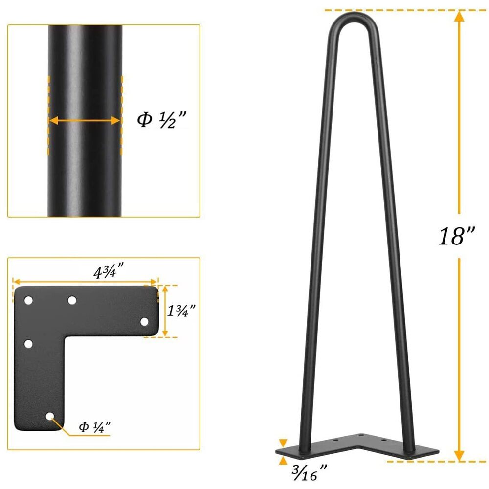 18" Black Metal Industrial Hairpin Legs, Set Of 4 With 1/2" Heavy Duty Steel Rod