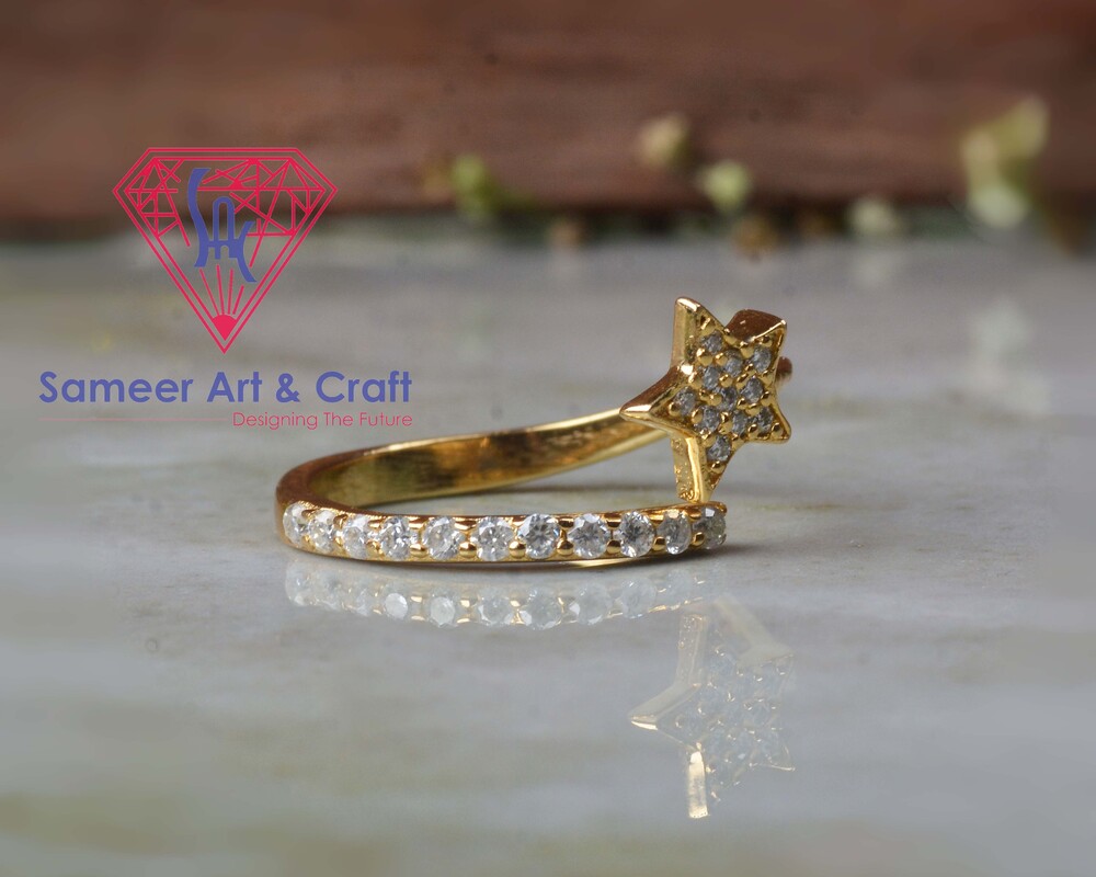 925 Sterling Silver With 18K Gold Plated Star Shape Cubic Zirconia Handmade Adjustable Ring