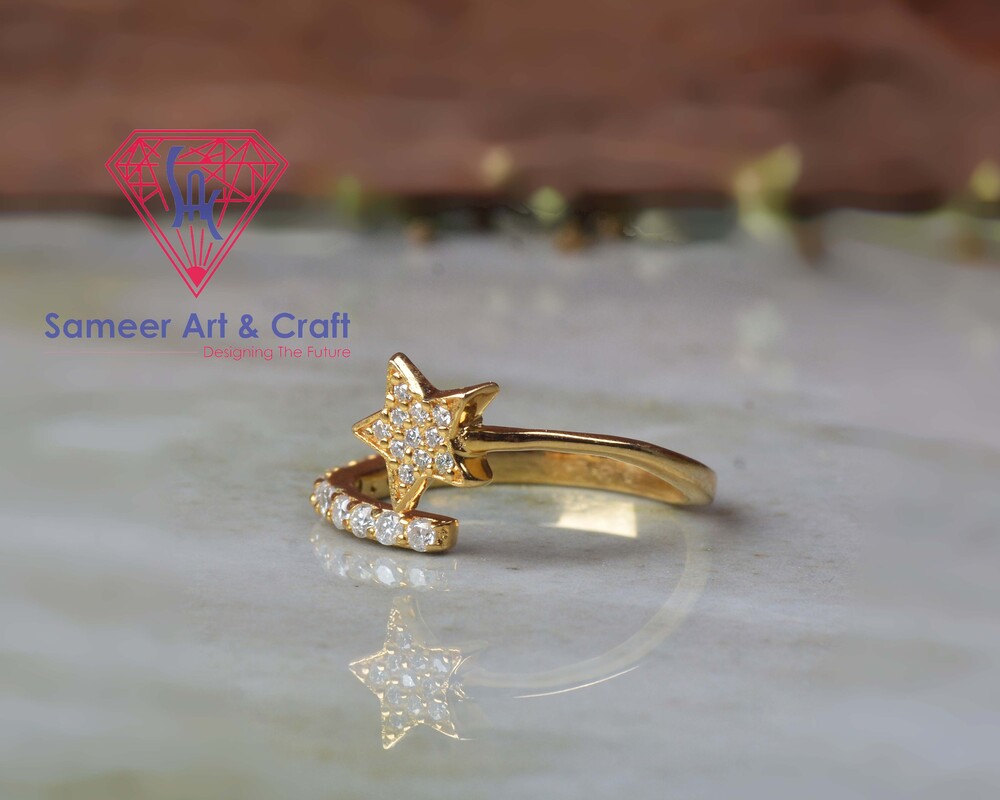 925 Sterling Silver With 18K Gold Plated Star Shape Cubic Zirconia Handmade Adjustable Ring