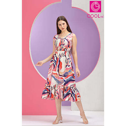 52705-A Women Beige Abstract Printed Wrap Midi Dress