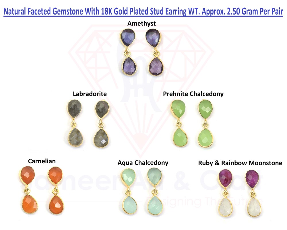 Natural Faceted Gemstone With 18K Gold Plated Handmade Stud Earrings