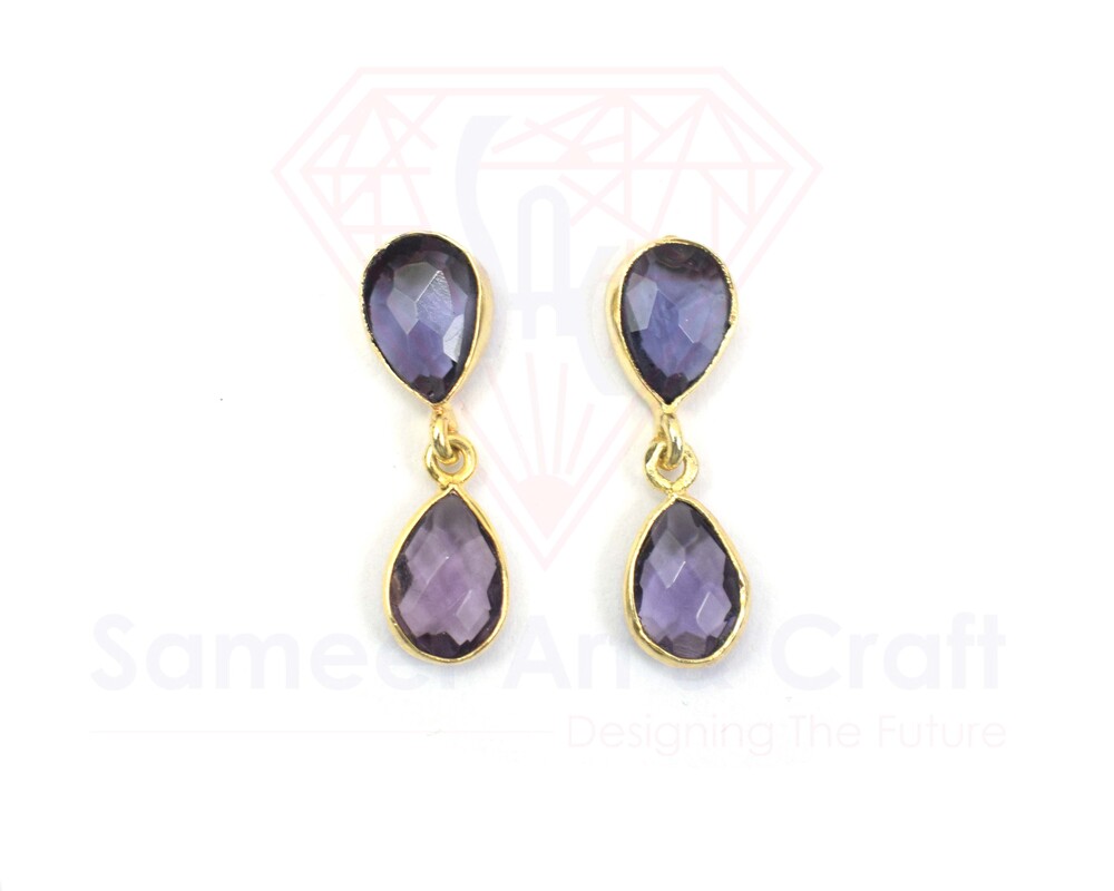 Natural Faceted Gemstone With 18K Gold Plated Handmade Stud Earrings