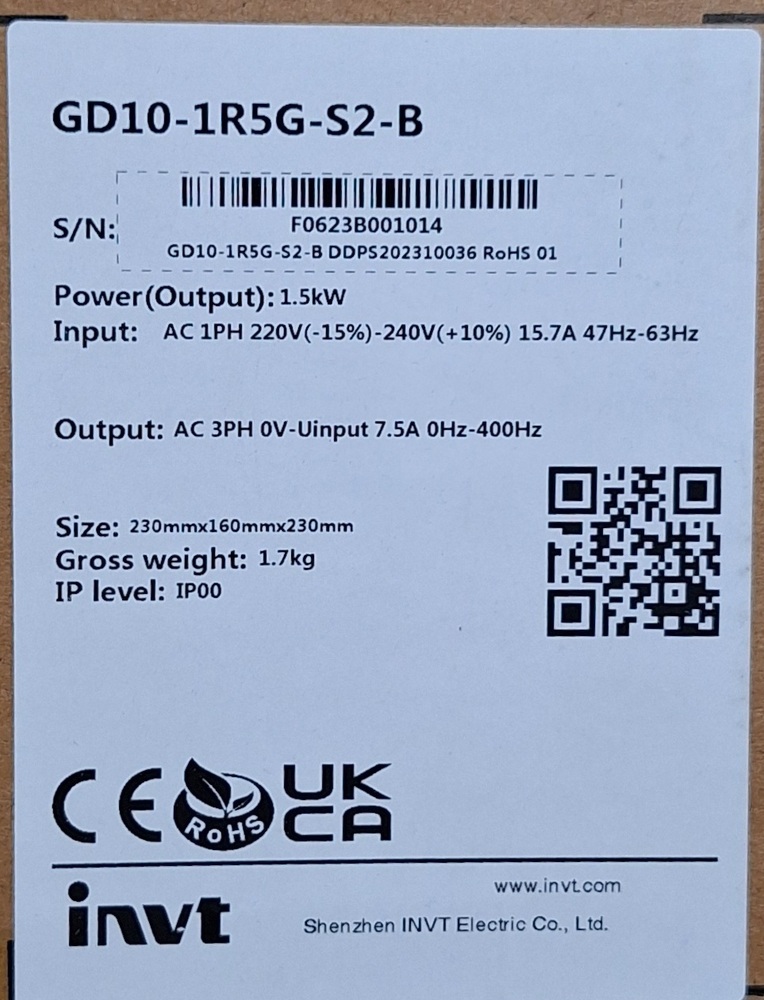 INVT DRIVE GD10 S2B 2HP 1PHASE