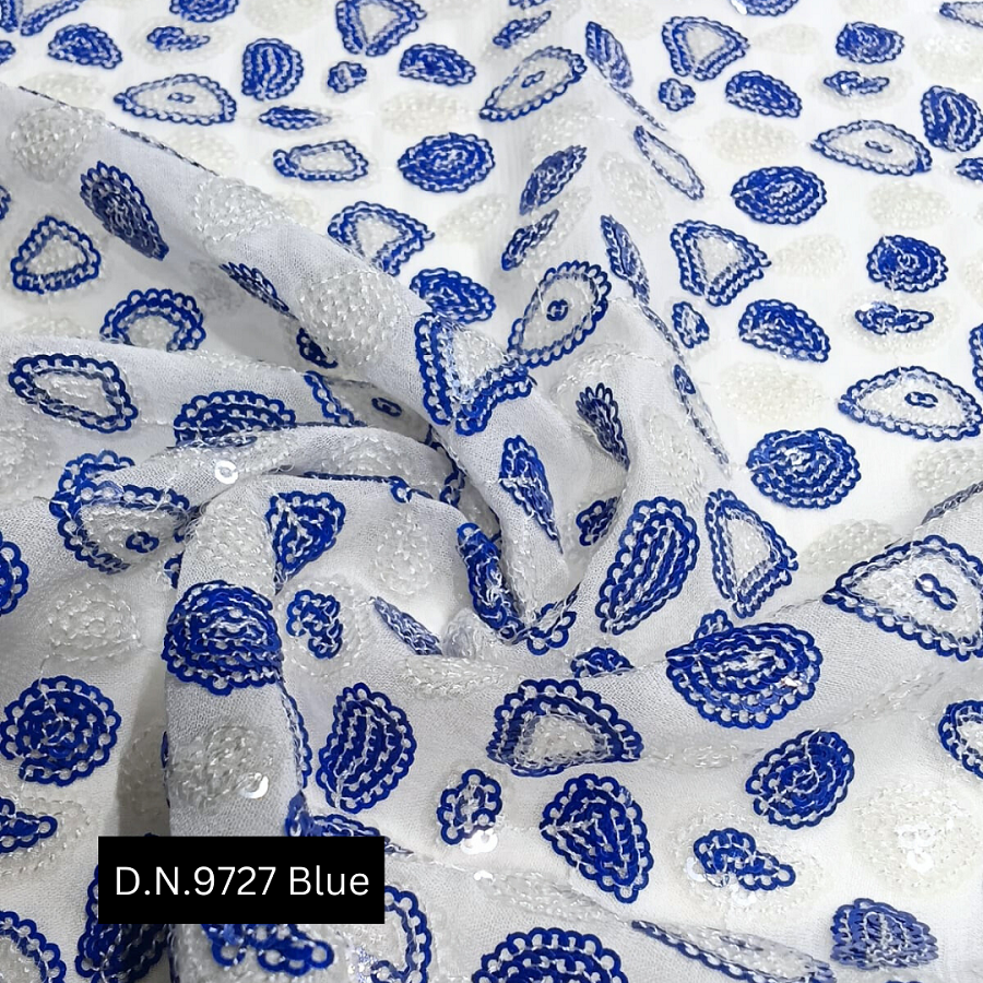 Blue And Transparent Sequins Fabric