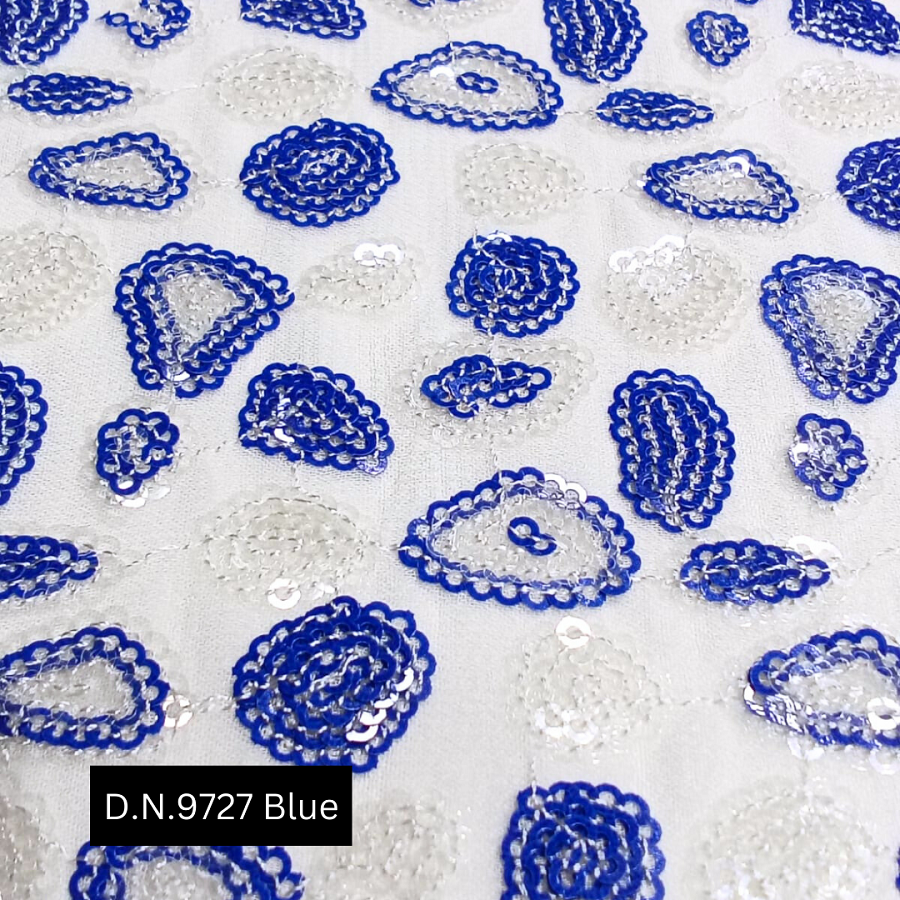 Blue And Transparent Sequins Fabric
