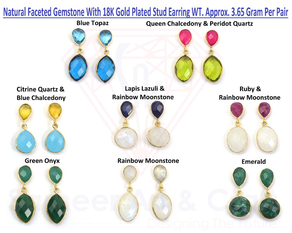 Natural Gemstone With 18K Gold Plated Handmade Faceted Cut Stud Earrings