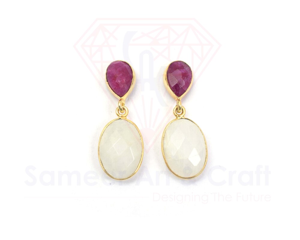 Natural Gemstone With 18K Gold Plated Handmade Faceted Cut Stud Earrings