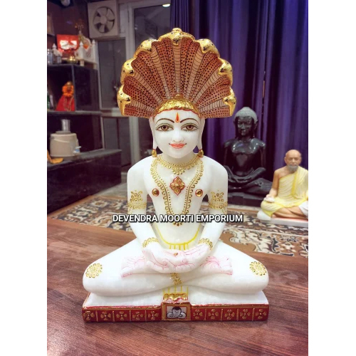 Pristine White Color Marble Lord Jain Statue - Finishing: Polishing