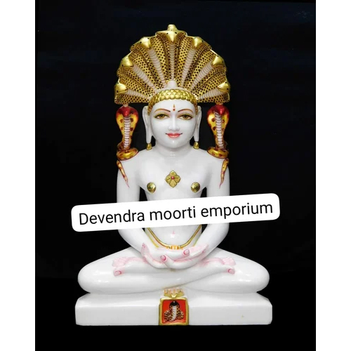 Marble Parshvanath Jain Statue - 1 ft Tall, Polished White Marble Finish | Durable, Intricate Religious Design