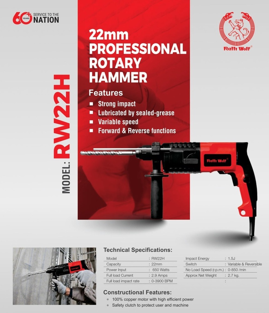 Ralli Wolf 22mm Professional Rotary Hammer (Rw22h) - Application: Industrial