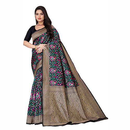 Black Color Banarasi Silk Saree - Pattern: Printed