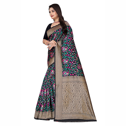 Black Color Banarasi Silk Saree - Pattern: Printed