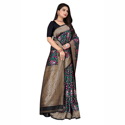 Black Color Banarasi Silk Saree - Pattern: Printed