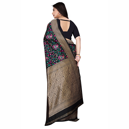 Black Color Banarasi Silk Saree - Pattern: Printed