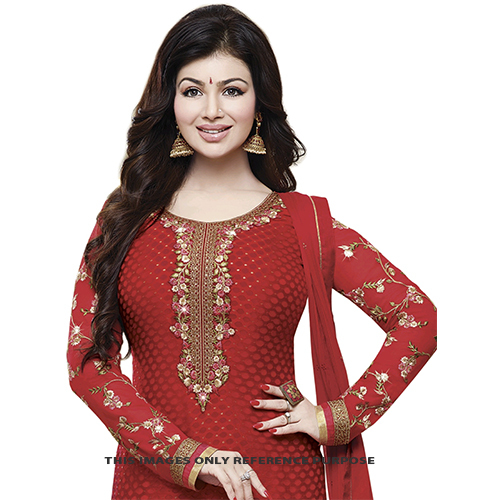 Tomato Red Pure Georgette Brasso Party Wear Suit - Feature: Washable