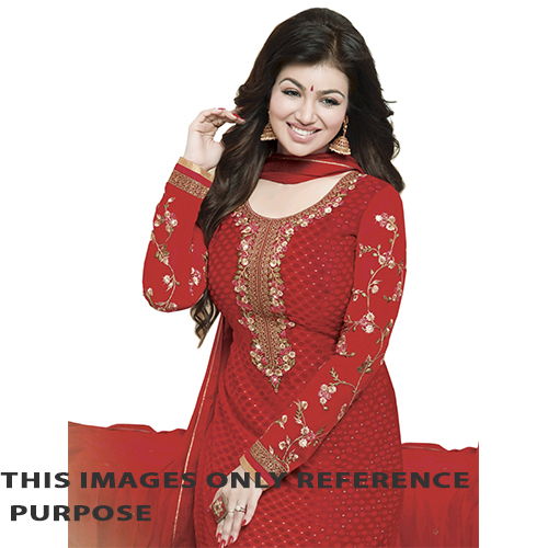 Tomato Red Pure Georgette Brasso Party Wear Suit - Feature: Washable