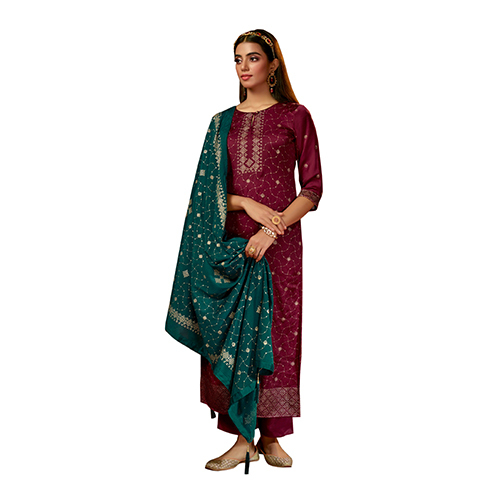 Maroon Color Pure Moss Crepe Suits - Feature: Washable