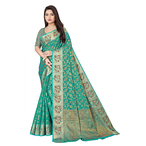 Rama Green Colour Jamawar Silk Saree - Feature: Hand Wash