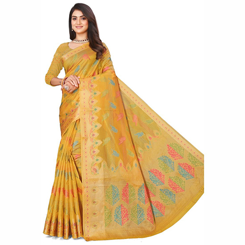 Yellow Color Pure Organza Multi Colour Weaving Saree - Feature: Hand Wash