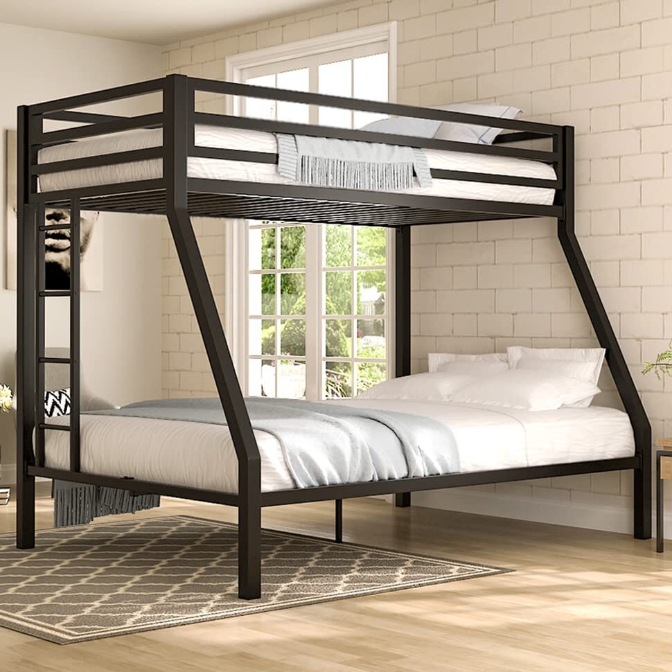 Twin Over Full Bunk Bed Frame with Ladder, Metal Bed Frame with Full-Length Guardrail