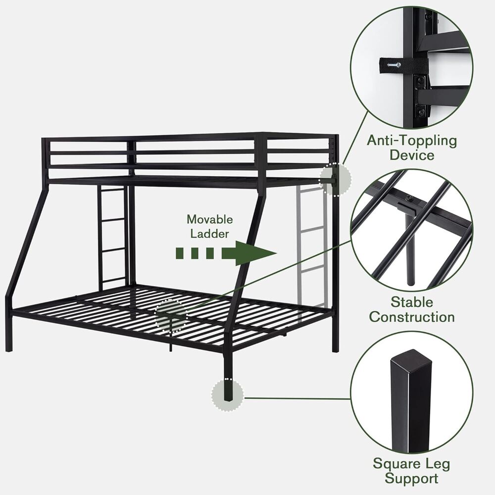 Twin Over Full Bunk Bed Frame with Ladder, Metal Bed Frame with Full-Length Guardrail