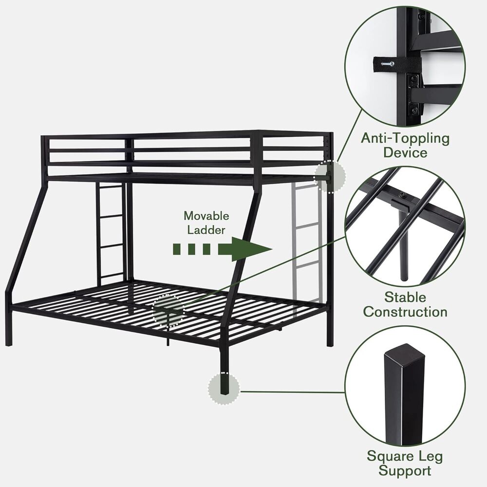 Twin Over Full Bunk Bed Frame With Ladder, Metal Bed Frame With Full-length Guardrail