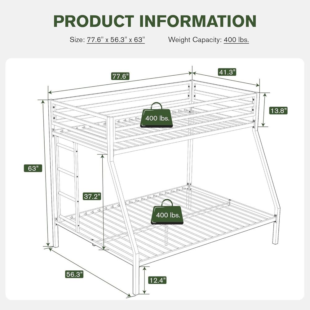 Twin Over Full Bunk Bed Frame with Ladder, Metal Bed Frame with Full-Length Guardrail