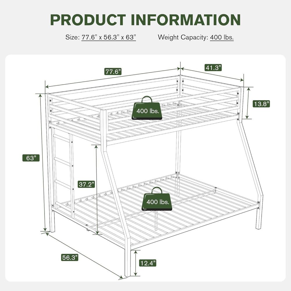 Twin Over Full Bunk Bed Frame With Ladder, Metal Bed Frame With Full-length Guardrail