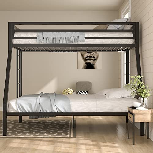 Twin Over Full Bunk Bed Frame With Ladder, Metal Bed Frame With Full-length Guardrail