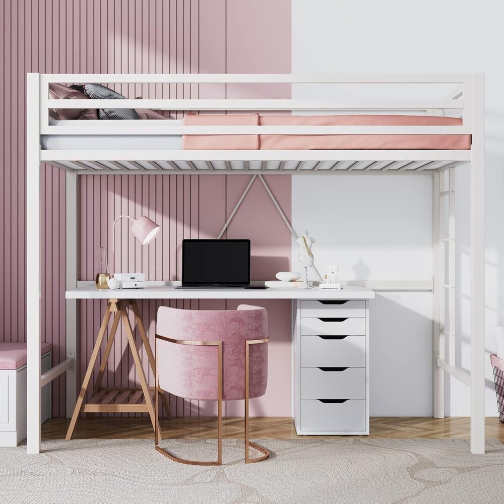 Loft Bed Twin Size with Ladder and Guardrail,Heavy Duty Metal Slats Support